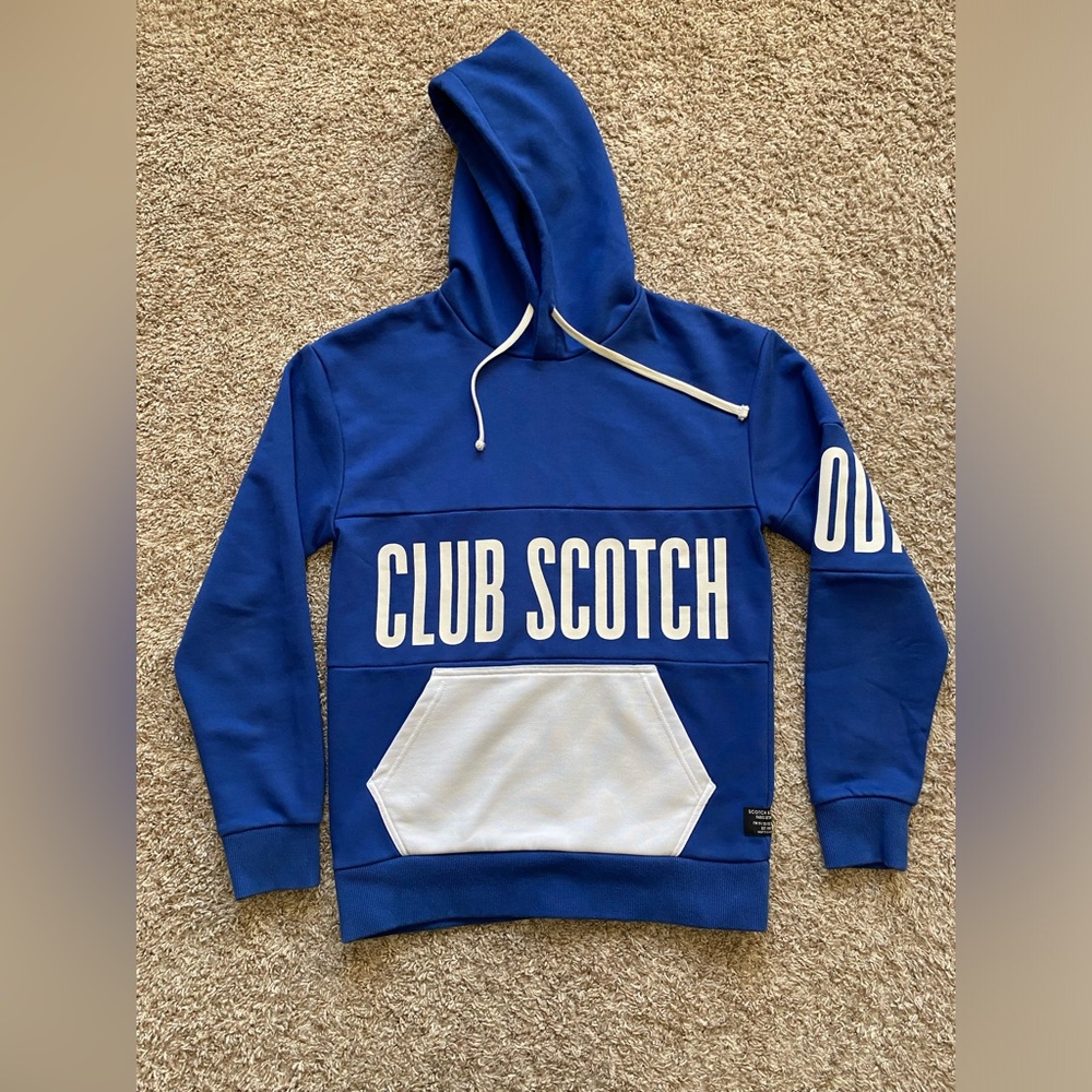 Scotch & Soda BLUE “Club Scotch” Text Artwork Hoodie Sweatshirt Men’s Size SMALL